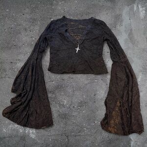 Gothic Lace Bell Sleeve Top Dark Coquette Crucifix Cross Mesh Fairy Grunge
